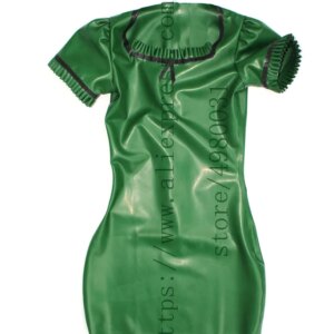 High quality princess sleeve latex dress Zentai women’s metallic green latex dress mini with back hidden zipper