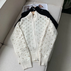 Hollow Out Women’s Knitted Cardigan Early Spring Zipper Stand Collar Long Sleeve Loose Ladies Sweater