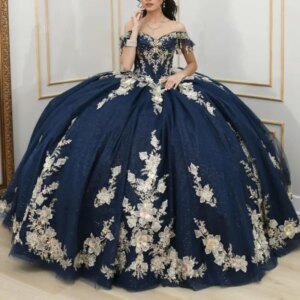 Navy Blue Shiny Off Shoulder Quinceanera Dresses Applique Flower Beads Tull Tiered Party Birthday Sweet 16 Dress Vestidos 15 De