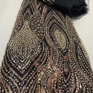 Blue Sequence French Mesh Lace Nigerian African Beaded Lace Fabrics High Quality 2025 Gold Sequins Tulle Lace For Sewing KB4830