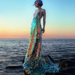 Bling Bling Colorful Sequined Long Mermaid Evening Dresses Sexy Deep V-neck Backless Formal Dress