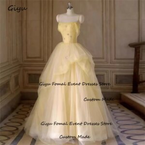 Giyu Fairy Light Yellow Evening Gown Dress Beaded Spaghetti Strap Floor-length Birthday Party Dress Quinceanera Dress
