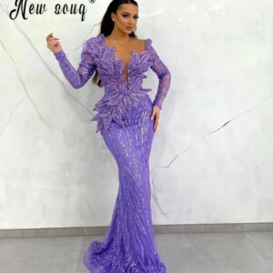 New Arrival Lilac Evening Dress V Neck Long Sleeve Wedding Prom Gowns With Leaf Design Mermaid Plus Size Party Dress Customized