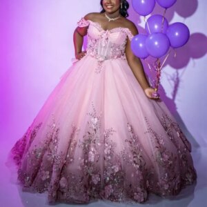 Customized Shiny Pink Off Shoulder Quinceanera Dress crystal applique 3D flower Lace beads trailing vestidos de 15 Quinceanera