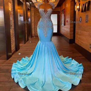 Luxury Crystal Mermaid Prom Dresses For Black Girls Elegant Aso Ebi Long Blue Evening Dress Cap Sleeve Birthday Party Customized