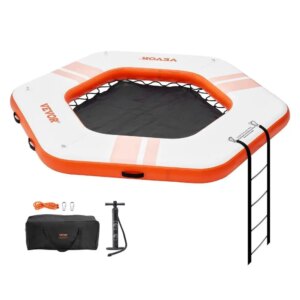 Inflatable Floating Dock 8.5FT Platform with 5FT Trampoline Mesh for pool Non-Slip Water Mat Portable Bag Detachable Ladder for