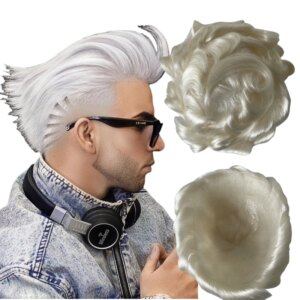 Malaysian Virgin Human Hair Hairpieces 60# Platinum Color 32mm Wave Knots PU Toupee 8×10 Skin Unit for White Men