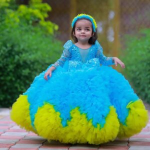 Luxury Blue Long Flower Girl Dress for Wedding Customized Sequined Ruffles Party Princess Baby Kids Birthday Pageant Gowns