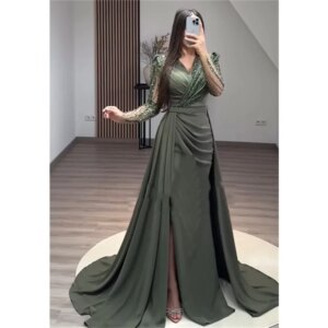 Customized Evening Sexy Casual Jersey Sequined Beading Ruched Evening A-line V-neck Bespoke Occasion Gown Long Dresses