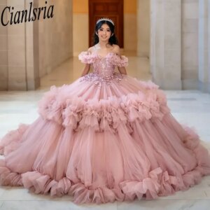 Pink Off The Shoulder Tulle Pleat Quinceanera Dresses Ball Gown Sequined Appliques Lace Sweet 15 Años Mexican Customized
