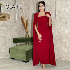 Elegant Square Collar Satin Formal Evening Bridesmaid Dres with Floral Accents Sheath Backless Cape Evening Arab Gown Customized