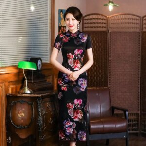 Spring and Summer New High Quality Real Silk Printed Long Improved plus Size Cheongsam Qipao Women’s Dress