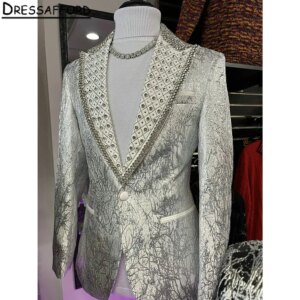 Silver Jacquard Groom Wear Diamonds Crystal Formal Men Suits 2 Piece Jacket And Pants Sets Smart Casual Business Blazer
