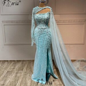 Mint Green Pearls Beaded Mermaid Celebrity Formal Dress Dubai Long Cape Long Sleeve Slit Evening Party Gown Wedding Elegant Robe
