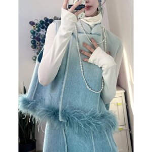 New Chinese button with gradient color plush splicing two-piece vest set