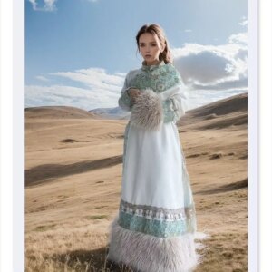 Costume Minority Nationality Clothes Tibetan Robe Embroidery Knot Button Cyan Set China The Zang Or Tibetan Nationality