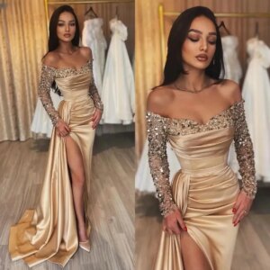 Prom Dresses Sequins Off The Shoulder Fold Mermaid Light Luxury Side Slit Graduation Birthday Woman Evening Celebrity Gowns New
