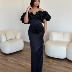 Elegant And Simple Off Shoulder Evening Gown With Pleated Straight Hem Charming Satin Dress Customized