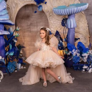 Princess Girls Party Ball Gown Flower Girl Tulle Lace Dress Cappucino First Communion Dress Junior Bridesmaid Dresses