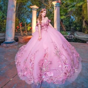 Customized Shiny peach pink Off Shoulder Quinceanera Dress Tull crystal 3D flower layering applique vestidos de 15 Quinceanera