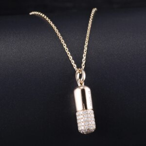 Provence Solid Pill Capsule Pendant Necklace 14KGold DEF/VS Lab Diamonds  Medical Alert Pill hiphop Necklace Personalized Custom