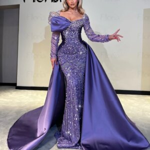 Stunning Purple Muslim Evening Dress Long Sleeve Overskirt Customized Wedding Party Gowns Women Formal Occasion Celebrity Gown