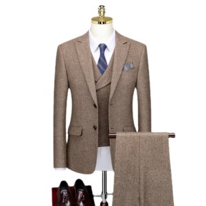 Western Style Three Piece Bridegroom Wedding Dress Korean Version Slim Fitting Autumn and Winter Grey Casual Suit Men’s Suit