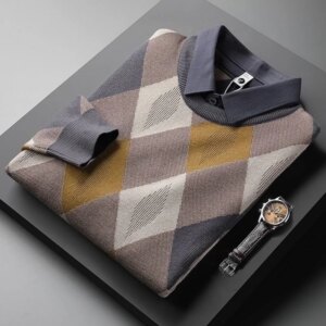 and American European diamond block lattice fake two piece sweater men’s autumn and winter fashion retro shirt collar Pullover