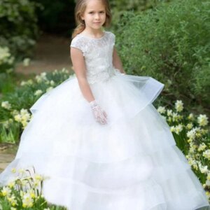 White Tulle Puffy Lace Appliques Tiered Hem Sleeveless For Weddings Birthday Pageant Holy Communion Gowns Flower Girl Dresses