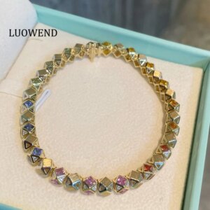 LUOWEND 100% 18K Yellow Gold Bracelet Women Shiny Diamond Natural Color Sapphire Bracelet Luxury Fashion Design Fine Jewelry