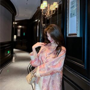 New Chinese style jacquard satin coat women’s button top