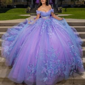 Lavender Shiny Princess Quinceanera Dresses Appliqued Lace Beads Tull Bow Sweet 16 Dress Off Shoulder Ball Gown Vestidos De 15
