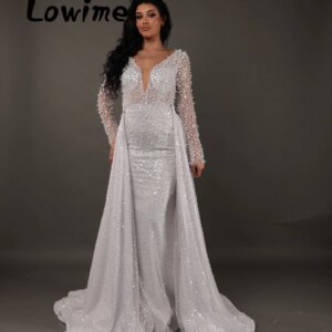 Lowime Beige Pearls Beaded Elegant Evening Dresses Customize 2024 Long Sleeve 2 In 1 Style Arabic Prom Dress Mermaid Party Gowns