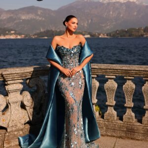 DMDRS Cape Strapless Evening Dress 2025 Sleeveless Sequined Beaded Party Gown Formal Satin Floor-Length Party Dresses Customized