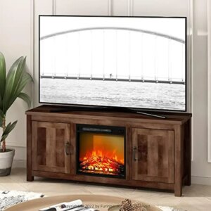 Farmhouse TV Stand with Fireplace Insert Storage Cabinet 60″ Rustic Brown Wood Heavy Duty Sturdy Rectangular Compact 56.3″W x