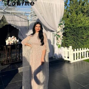 Heavy Beaded Muslim Champagne Evening Dress 2024 Formal Bespoke Occasion Dresses Half Sleeve Dubai Arabic Women Prom Party Gowns