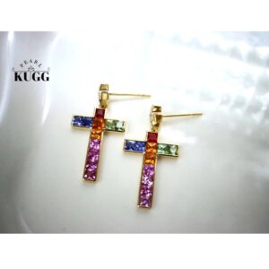 KUGG 100% 18K Yellow Gold Earrings Luxury Natural Color Sapphire Cross Shaped Drop Earrings High Wedding Jewelry for Women