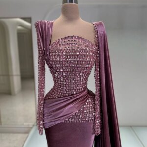 DMDRS Long Sleeve Evening Dress Formal Crystal Beaded Party Gown Classic Velvet A-Line Floor-Length Party Dresses فساتين سهرة