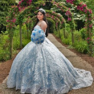 EVLAST Princess Sky Blue Quinnceanera Dress Ball Gown Shiny Lace Applique Beading Mexican Sweet 16 Vestidos De 15 Anos SQ512