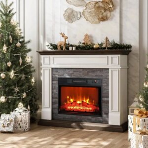 44 Inches Electric Fireplace with Mantel, Portable Freestanding Wood Stove Heater, Realistic 3D Dancing Flame Effect,White&brown
