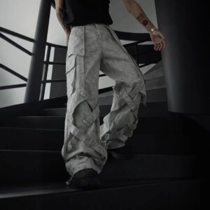 Dirty Gray Hip Hop Wide-Leg Overalls Men’s and Women’s Straight Casual Pants Ribbon High Street Mop