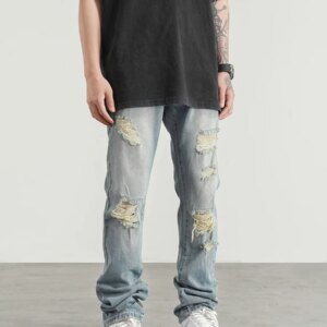 High Street Style Water Washed Hole Straight Leg Jeans Men Trousers