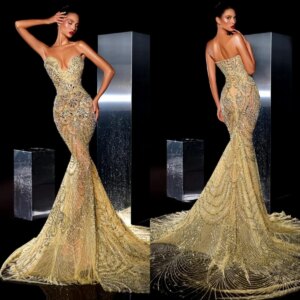 Luxury Crystal Beading Evening Dresses Sequins Prom Dress Strapless See Through Illusion Mermaid Party Gowns Vestidos De Noche