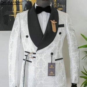 Ivory Jacquard Formal Wedding Suits Men’s Business Suit 2 Pieces (Jacket Pants) Man Tuxedo Groom Wear