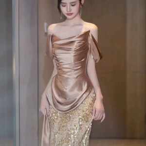 Champagne Gold Bridesmaid Dresses Off The Shoulder Sequins Floor Length Backless Woman Mermaid Elegant Party Evening Prom Gowns