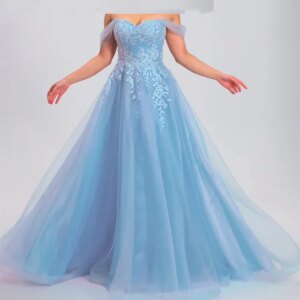 A-line Sweetheart Lace Pleated Sequins Appliques Sweep Train Tulle Prom Gowns Formal Evening Dresses