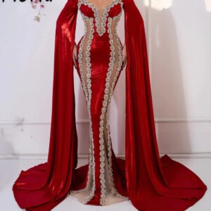 Grand Red Mermaid Evening Dresses with Long Shawl Handmade Crystal Flower Design Wedding Gowns Customized Celebrity Dress 2025