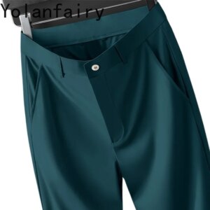 YOLANFAIRY Mulberry Silk Men Trousers Summer Pants Men Straight Pants Casual Men’s Clothing Black Trouser Pantalon Homme
