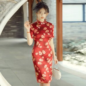 Summer New High Quality Real Silk Improved Printed Red Cheongsam Qipao Women’s Dress
