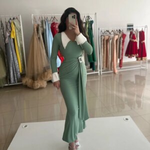 Customized High Quality Jersey Mermaid Evening Dresses Formal Long Sleeves Party Dress Custom Size Bespoke Occasion Go